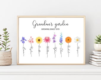 Custom Family Birth Flowers Garden Digital Artwork | Personalised Family Grandparents Watercolor Birth Flowers Gift | Digital Downloadable