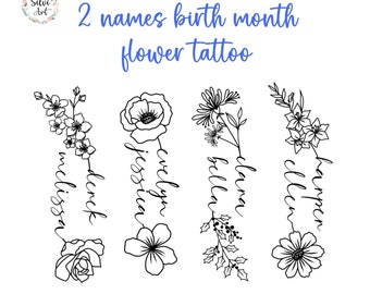 2 names Birth Month Flowers Tattoo Design | Personalized Line Art Aesthetic Tattoo | Couple Family Personalized Gift