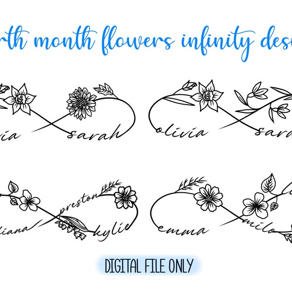 Aangepaste geboortemaand bloemen Infinity Tattoo Design | Gepersonaliseerde paar familie cadeau | Digitaal bestand PNG
