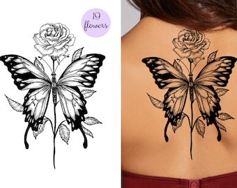 Tatuaggio floreale del mese di nascita / Tatuaggio a farfalla con fiore di nascita / Tatuaggio floreale in bianco e nero / PNG digitale scaricabile