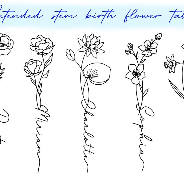 Custom Name Extended Stem Birth Flower |  Birth Flower Gift | Tattoo Comission SVG | Floral Name Design