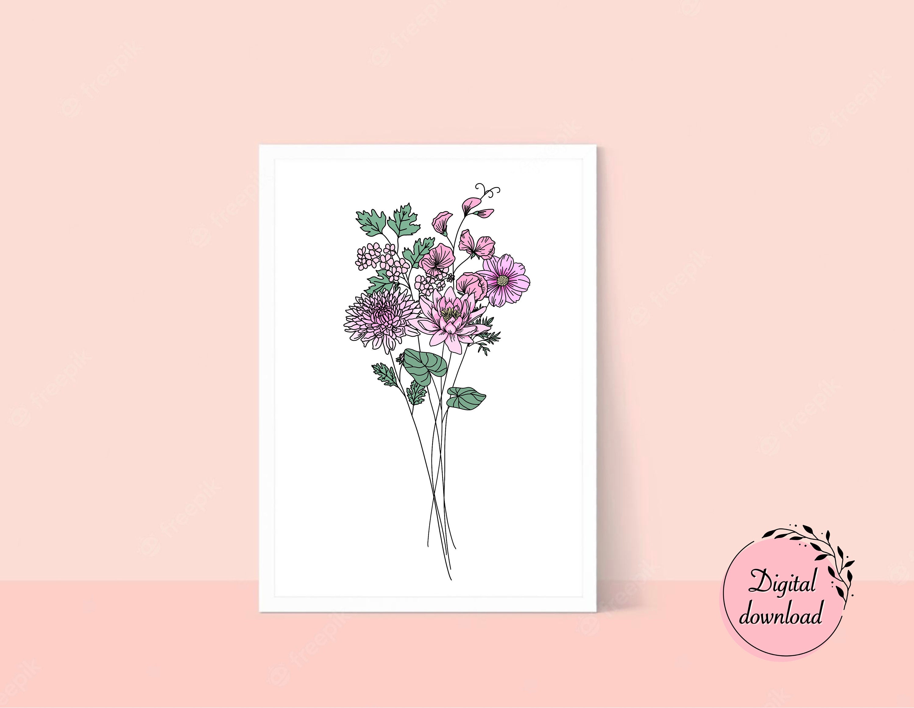 Custom Birth Month Flower Bouquet With Color | Birth Flowers Line Art PNG  Gift | Digital Downloadable - Etsy, image size:3000x2325
