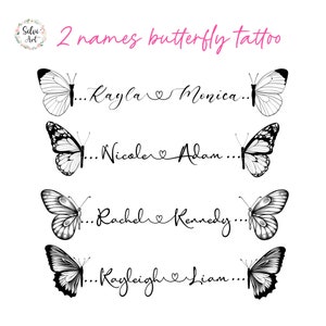 2 Names Minimalist Butterfly Tattoo Design | Custom Aesthetic Couple Tattoo | Personalized Family Gift