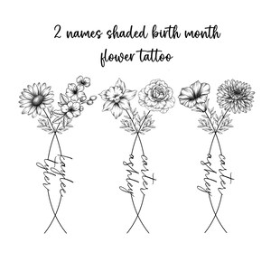 2 Names Shaded Birth Month Flower Tattoo Design | Custom Name Line Art Minimalist Art | Couple Family Personalised PNG