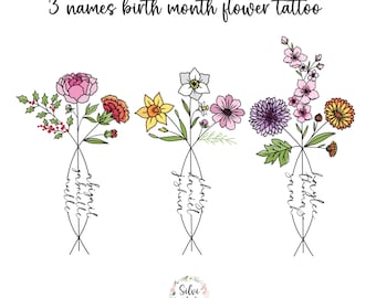 May include: A line art tattoo design featuring three bouquets of flowers, each with a name written underneath. The bouquets are made up of carnations, daffodils, daisies, and cherry blossoms. The names are "Abigail", "Daniel", and "Audrey".