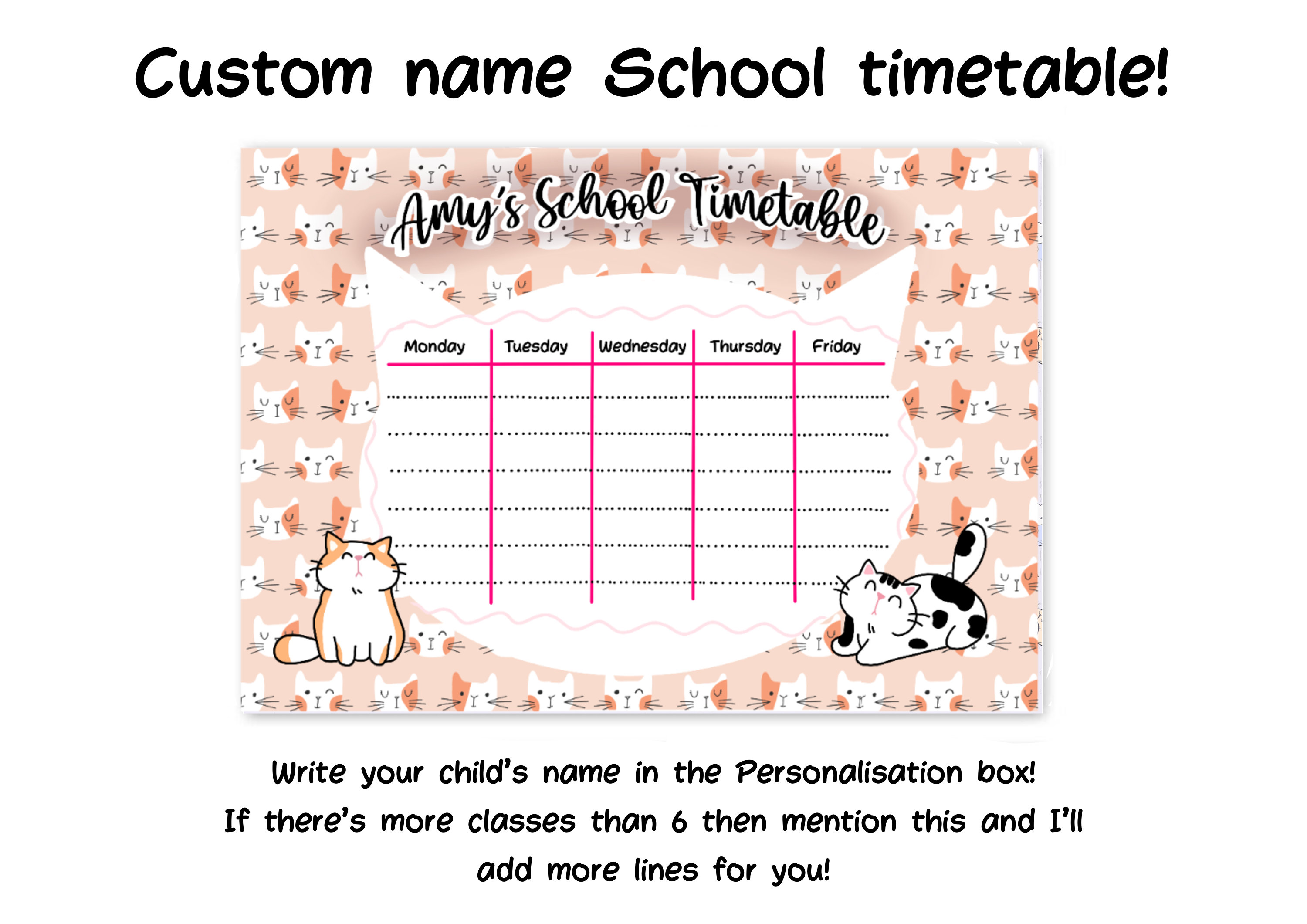 Custom Cats School Timetable | Back to School Template |cat Lovers ...