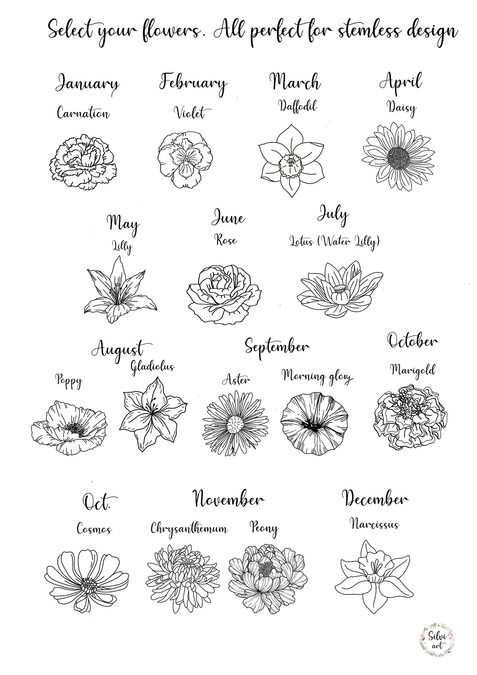 Custom Birth Month Flower Tattoo 1 to 8 Flowers Stemless - Etsy