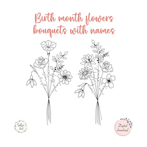 Custom Names Birth Month Flowers Bouquet | Personalised Family Tattoo Art | Minimalistic Line Art Gift