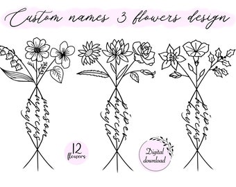 3 Birth Month Flowers Tattoo Design | Couple Family Personalized Gift | Digital Downloadable