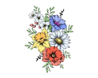 誕生月カスタム花束（ステムレスカラー）｜ファミリー誕生月タトゥーデザイン｜Cistomパーソナライズウォールアート「Grandma's Garden」