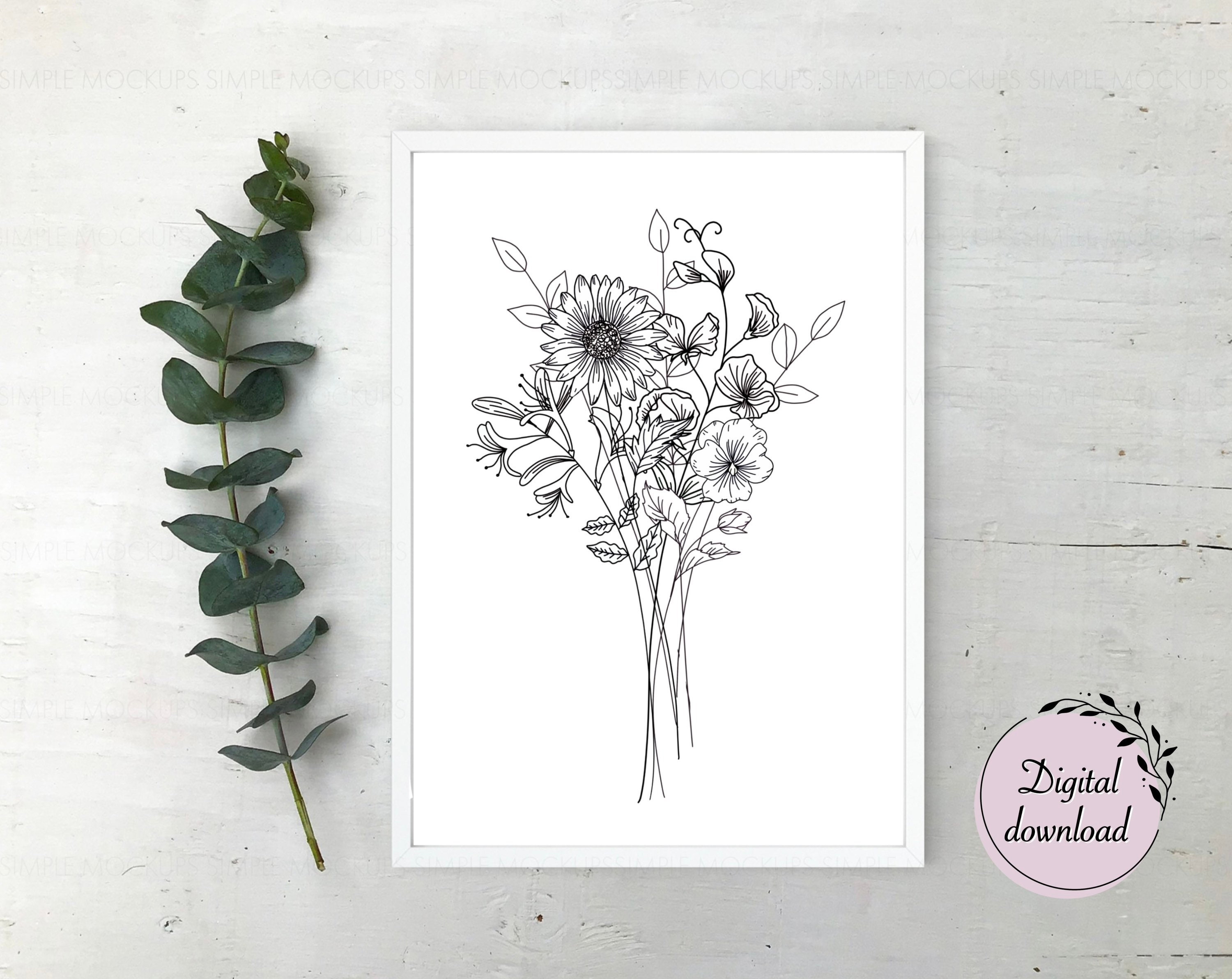 Custom Black And White Birth Month Flower Bouquet | Tattoo Design Birth Flowers Line Art PNG | Digital Downloadable