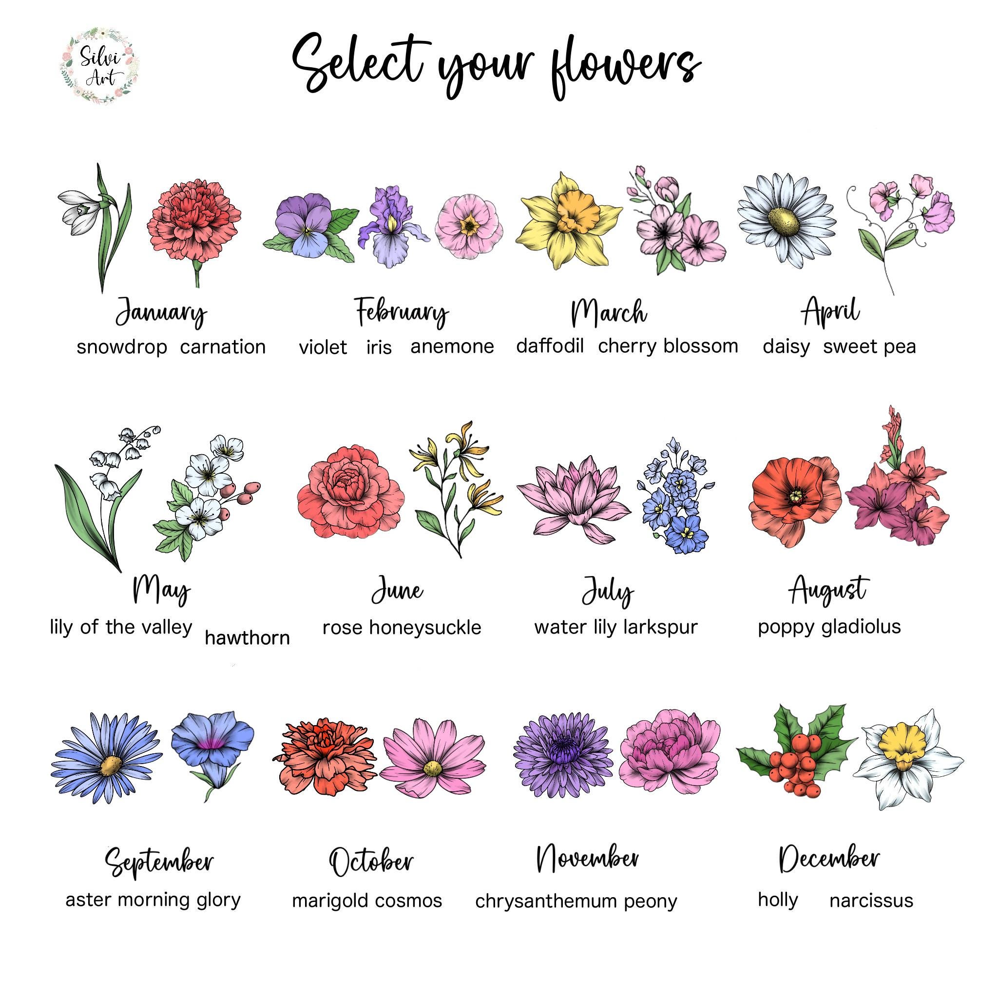 3 Names Colored Birth Month Flowers Bouquet | Custom Minimalist Flower  Tattoo Design | Mom \u0026 Kids Couple Family Gift - Etsy, image size:2048x2048