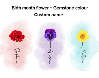 Custom Name Birth Month Flower + Gemstone Color | Digital Download PNG