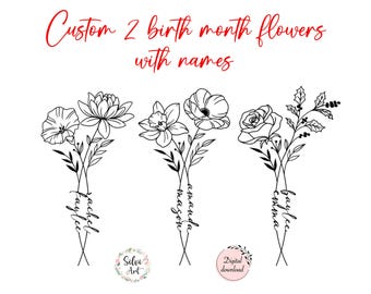 Custom 2 Names Birth Month Flowers Tattoo Design | Personalised Couple Family Art Gift | Digital Downloadable PNG