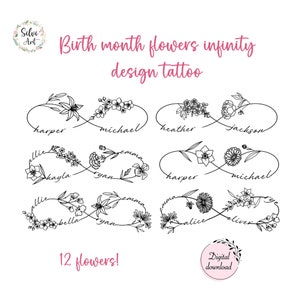 Custom Names Birth Month Flowers Infinity Tattoo Design 2 | Personalized Couple Family Tattoo Gift
