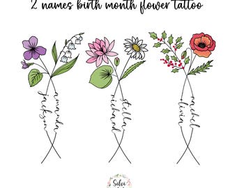 May include: A tattoo design featuring three sets of intertwined flowers and names. The names are Amanda Jackson, Gillian Michael, and Rachel Livia. The flowers are a violet, lily of the valley, water lily, daisy, holly, and poppy.