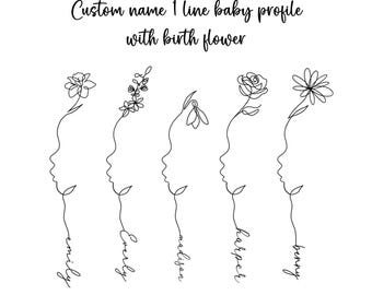 Custom Name 1 Line Baby Side Profile With Birth Month Flower | Personalized Family Tattoo Design