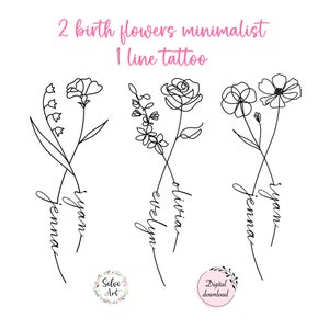 May include: A digital download of four minimalist line art tattoos featuring flowers and names. The names are Jenna, Ryan, Evelyn, and Olivia.