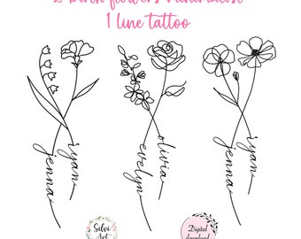 May include: A digital download of four minimalist line art tattoos featuring flowers and names. The names are Jenna, Ryan, Evelyn, and Olivia.