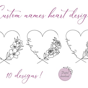 Custom Names Heart Tattoo Design | Floral Romantic Couple Gift | Digital Download Loved One Memorial Tattoo