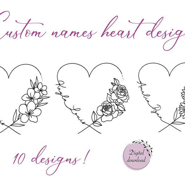 Custom Names Heart Tattoo Design | Floral Romantic Couple Gift | Digital Download Loved One Memorial Tattoo