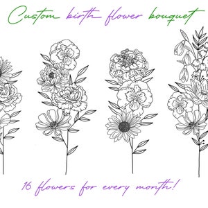 Custom 1 to 8 Birth Flower Bouquet | Black And White Birth Flowers Line Art PNG | Digital Downloadable