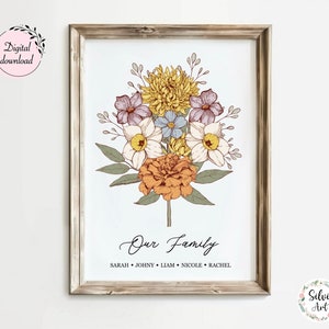 Custom Birth Month Flowers Bouquet | Retro Vintage Home Art Design | Personalized Couple Family Gift