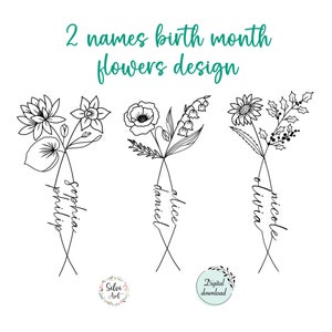 2 Names Birth Month Flowers Tattoo Design | Personalized Line Art Flowers Bouquet | Couple Family Gift