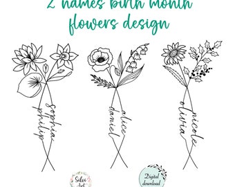 2 Names Birth Month Flowers Tattoo Design | Personalized Line Art Flowers Bouquet | Couple Family Gift