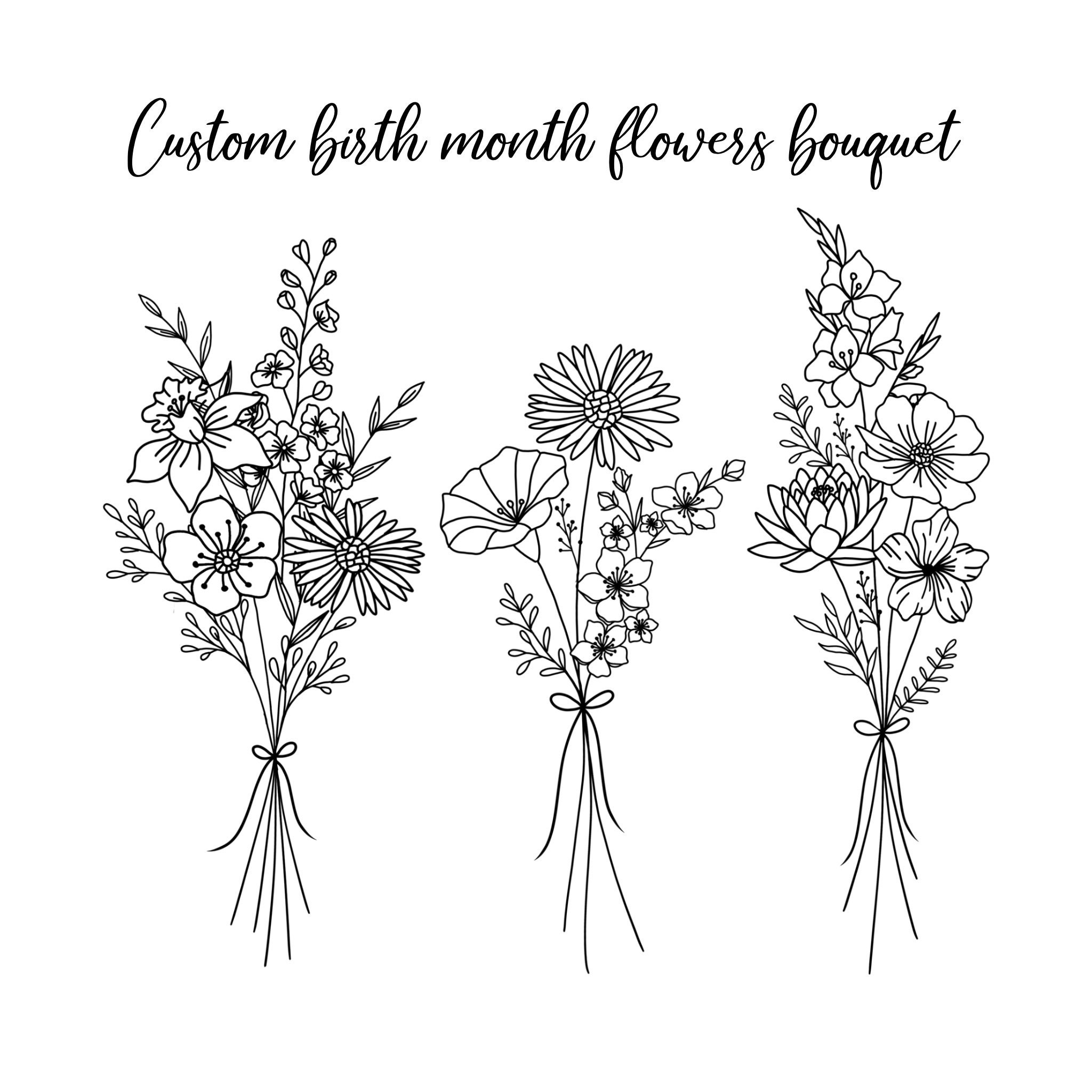 Custom Digital Birth Month Flowers Bouquet / Minimalist Personalized Line Art Tattoo Design