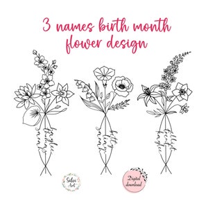 3 Birth Month Flowers Tattoo Design With Names | Custom Line Art Bouquet | Couple Family Personalized Gift