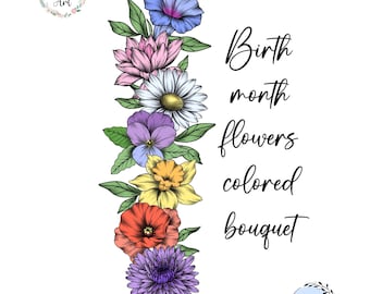 Birth Month Flower Stemless Bouquet With Color | Family Personalised Wrist Wrap Spine Tattoo | Digital Downloadable