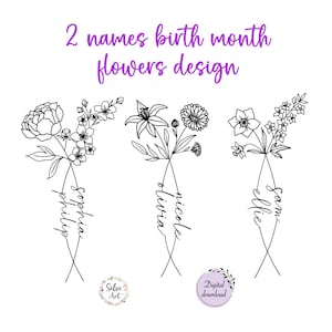 2 geboortemaand bloemen tattoo ontwerp versie 4 | Gepersonaliseerde lijntekeningen bloemenboeket | Paar familie cadeau