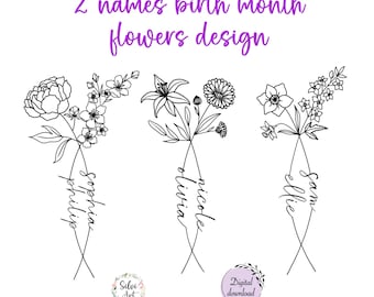 2 Birth Month Flowers Tattoo Design Version 4 | Personalized Line Art Flowers Bouquet | Couple Family Gift