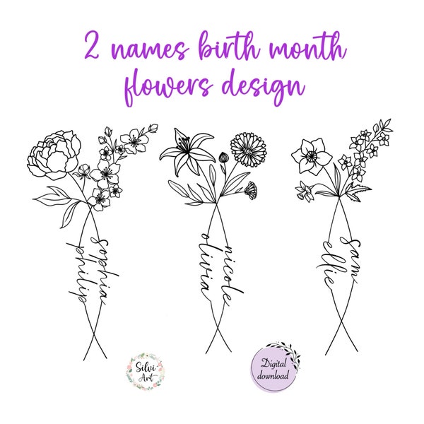 2 Birth Month Flowers Tattoo Design Version 4 | Personalized Line Art Flowers Bouquet | Couple Family Gift