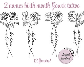 2 Birth Month Flowers Tattoo | Couple Family Personalized Gift | Digital Downloadable