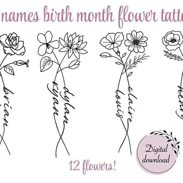 Tatouage fleurs 2 mois de naissance | Cadeau personnalisé famille couple | Numérique téléchargeable