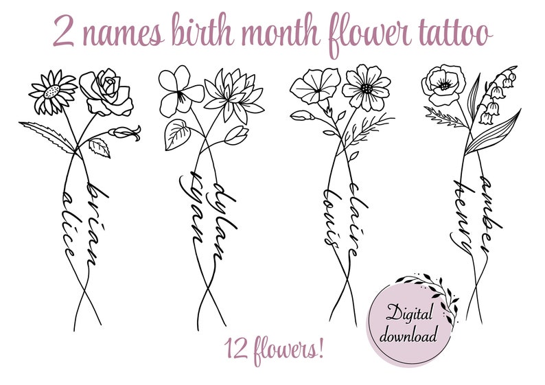 2 Birth Month Flowers Tattoo Couple Family Personalized Gift Digital Downloadable image 1