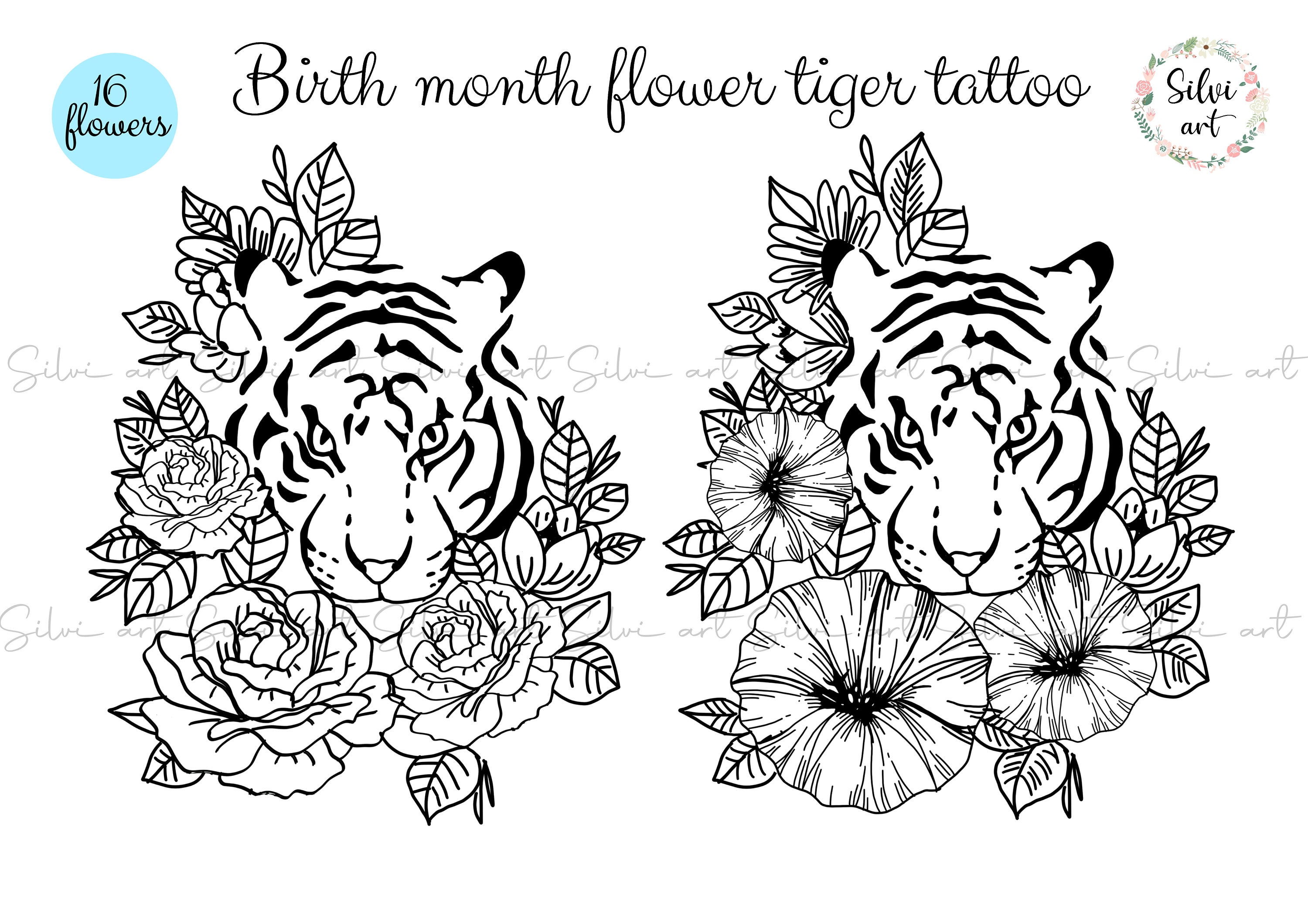 1 to 3 Birth Month Flowers Tiger Tattoo Black and White - Etsy Israel 1 to 3 Birth Month Flowers Tiger Tattoo Black and White - Etsy Israel