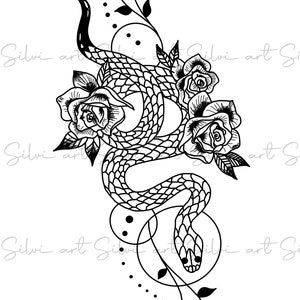 Snake Tattoo Design Digital PNG | Black And White Snake Rose tattoo | Digital Downloadable