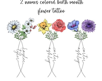 2 Names Birth Month Flower Colored Tattoo Design | Custom Shaded Aesthetic Minimalist Design | Couple Family Personalised Gift