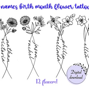 2 Birth Month Flowers Tattoo Part 2 | Couple Family Personalized Gift | Digital Downloadable PNG
