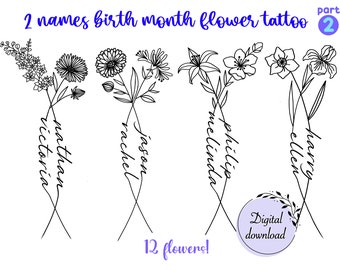 2 Birth Month Flowers Tattoo Part 2 | Couple Family Personalized Gift | Digital Downloadable PNG