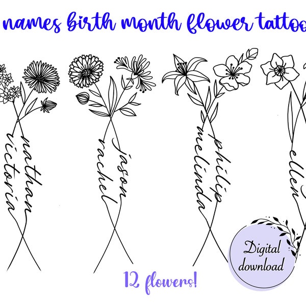 2 tatouages de fleurs pour le mois de naissance, partie 2 | Cadeau personnalisé famille couple | PNG numérique téléchargeable