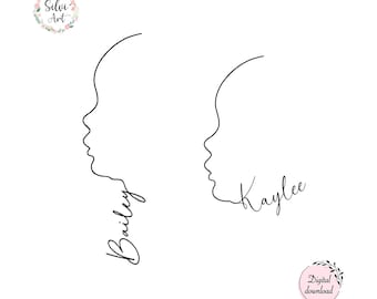 Op de afbeelding: Een minimalistische digitale download met zwarte lijnkunst met twee zijprofielen van gezichten. De namen "Bailey" en "Kaylee" staan in cursief onder de profielen. De afbeelding bevat de tekst "Silvi Art" en "Digital download".