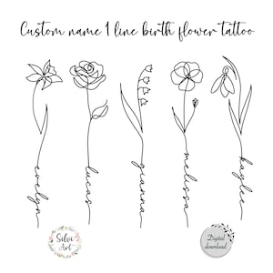 Custom Name Single Line Birth Month Flower Minimalist Design | Floral Name Tattoo Design | Family Personalized Gift