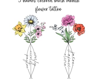 May include: A digital illustration of two bouquets of flowers with names and the text "3 names colored birth month flower tattoo." The bouquets feature a variety of colorful flowers, including daffodils, daisies, and poppies.