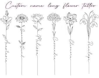 Custom Name Long Sleeve Birth Flower Tattoo | Floral Name Tattoo Commission | Birth Flower Name | Digital Downloadable PNG