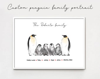 Custom Penguin Family Portrait PNG | Personalised Family Wall Art Gift | House Warming Artwork |Digital Downloadable