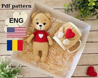 Amigurumi Bear Crochet Pattern PDF – Heart Teddy Toy & Mug Cozy Cover – Beginner Friendly Cute DIY Gift – Instant Download